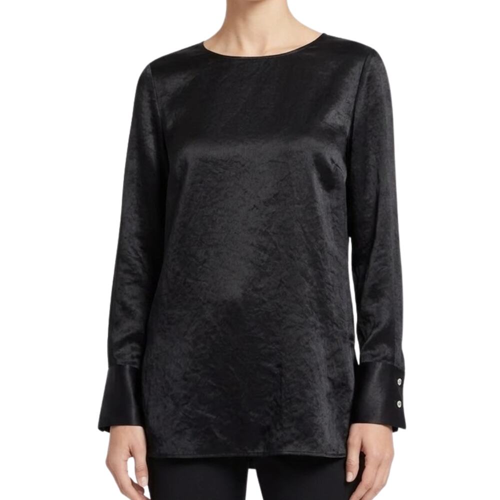 Theory Black Emry Satin Round Neck Button Long Sleeve Blouse Top size S NEW Tags